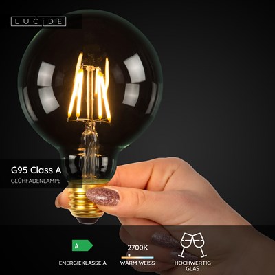 Lucide G95 Class A - Glühfadenlampe - Ø 9,5 cm - LED - E27 - 1x7W 2700K - Transparent